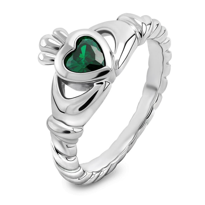Sterling Silver Twisted Shank Green CZ ULS-16424GR Claddagh Ring - Claddagh Ring
