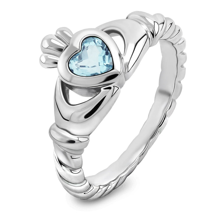 Sterling Silver Twisted Shank Sky Blue CZ ULS-16424SB Claddagh Ring - Claddagh Ring