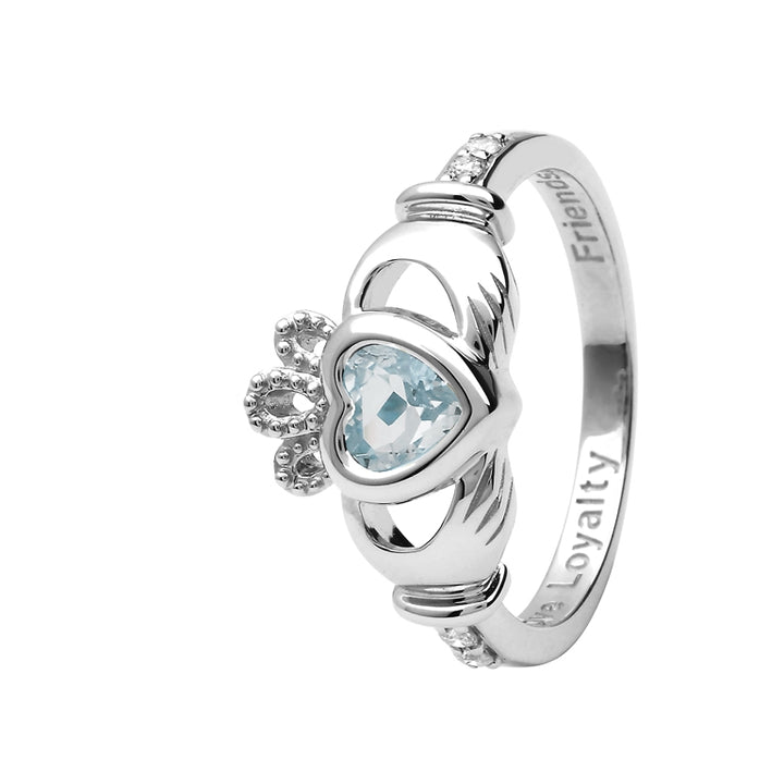 14K Gold Claddagh March Birthstone Ring Genuine Aquamarine and Diamonds - 14L90AQ - Claddagh Ring