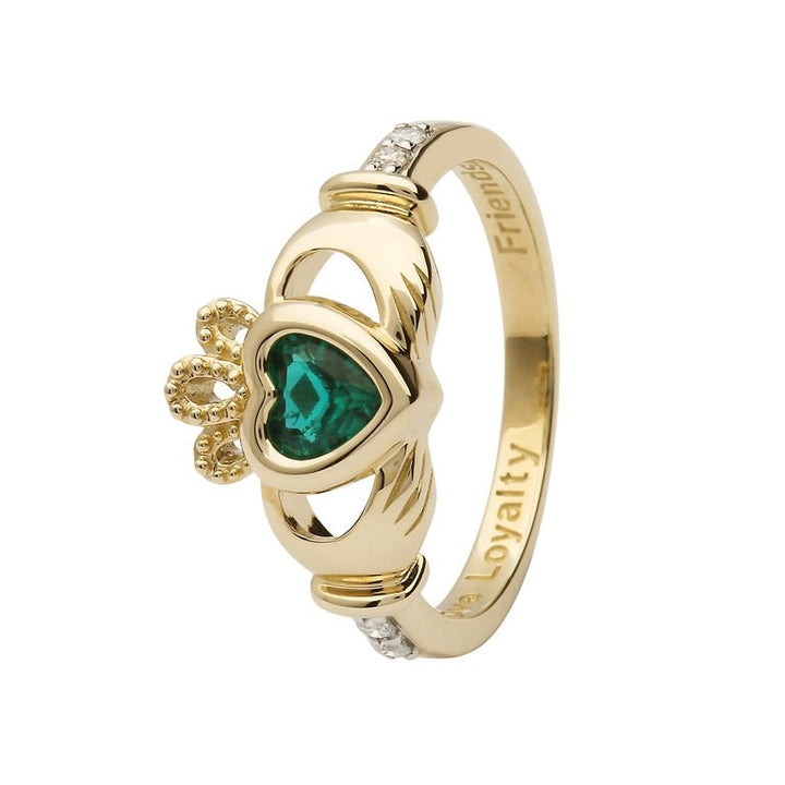 14K Gold Claddagh May Birthstone Ring Emerald and Diamonds - 14L90E - Claddagh Ring