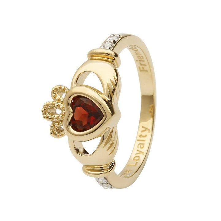 14K Gold Claddagh January Birthstone Ring Genuine Garnet and Diamonds - 14L90G - Claddagh Ring