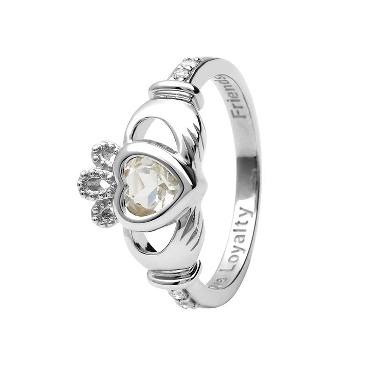 14K Gold Claddagh April Birthstone Ring Genuine White Topaz and Diamonds - 14L90WT - Claddagh Ring