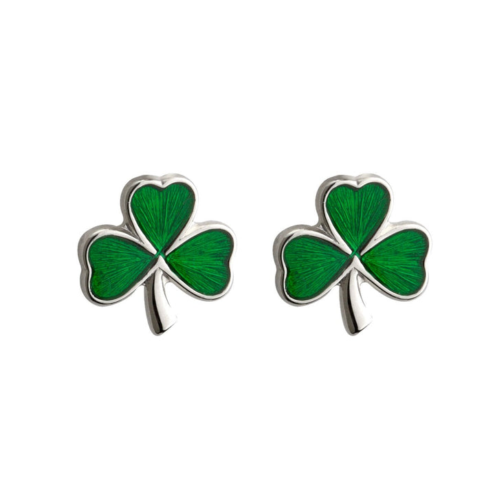 Sterling Silver Tiny Green Enamel Shamrock Stud Earrings - S3255 - CladdaghRING.com