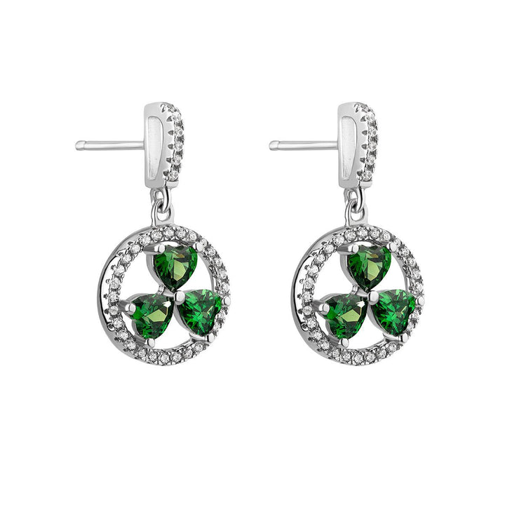 Sterling Silver Circle Shamrock Post Earrings with Green CZ Stones - S33964 - CladdaghRING.com