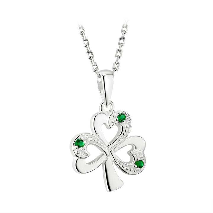 Sterling Silver Shamrock Pendant with Green CZ Stone with Chain - S44558 - CladdaghRING.com