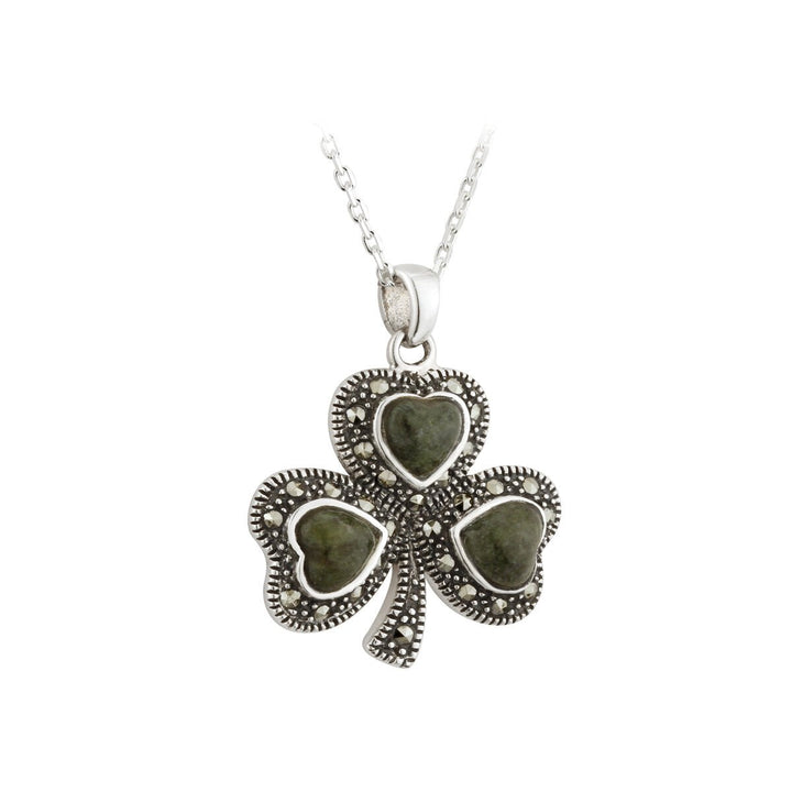 Sterling Silver Connemara Marble and Marcasite Shamrock Pendant with Chain - S45477 - CladdaghRING.com