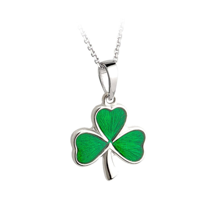 Sterling Silver Green Enamel Shamrock Pendant with Chain - S4619 - CladdaghRING.com