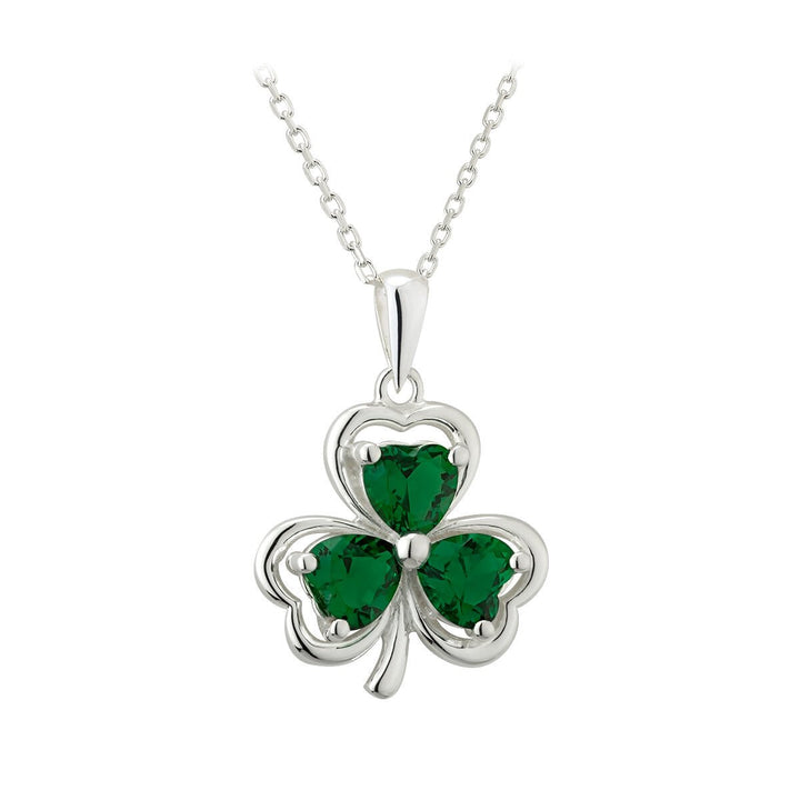 Sterling Silver Shamrock Pendant with Green CZ Stones with Chain - S46359 - CladdaghRING.com