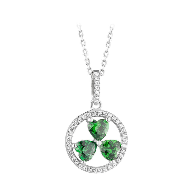 Sterling Silver Circle Shamrock Pendant with Green and White CZ Stones with Chain - S46481 - CladdaghRING.com