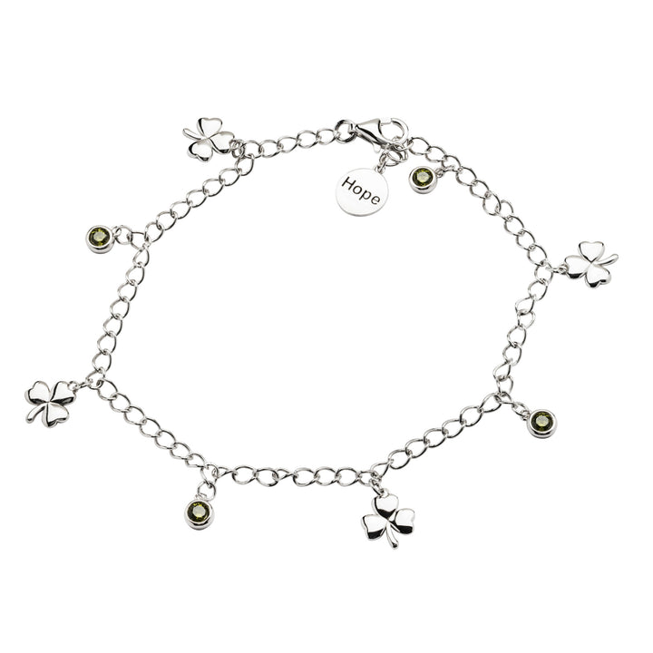 Sterling Silver "Hope" Shamrock Bracelet with Four Peridot Stones SB2108 - Claddagh Ring