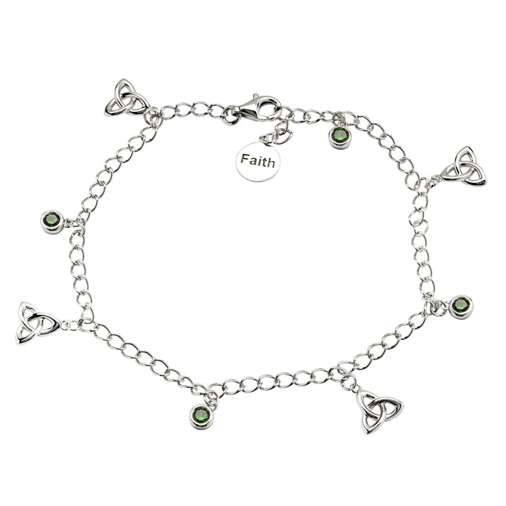 Sterling Silver "Faith" Trinity Knot Bracelet with Four Green CZ Stones SB2110 - Claddagh Ring