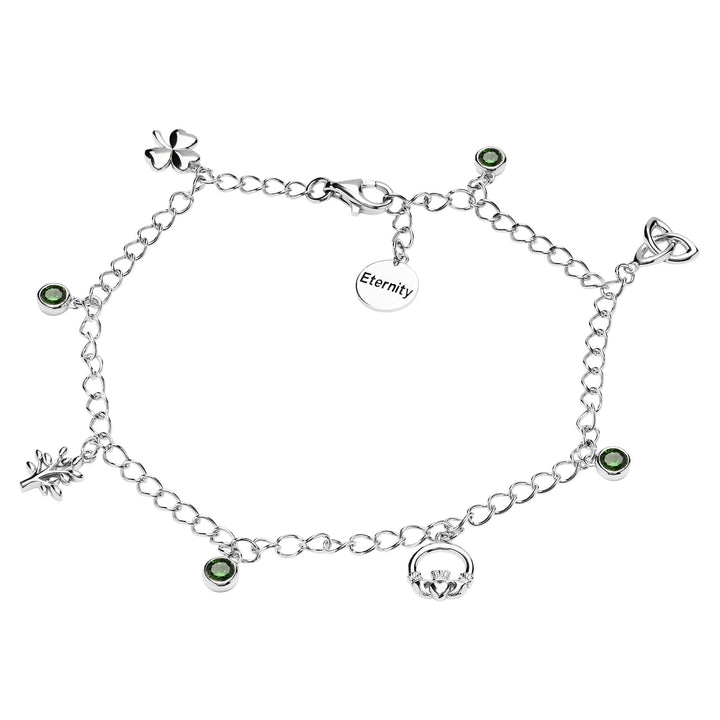 Sterling Silver "Eternity" Irish Symbol Bracelet with Four Green CZ Stones SB2115 - Claddagh Ring
