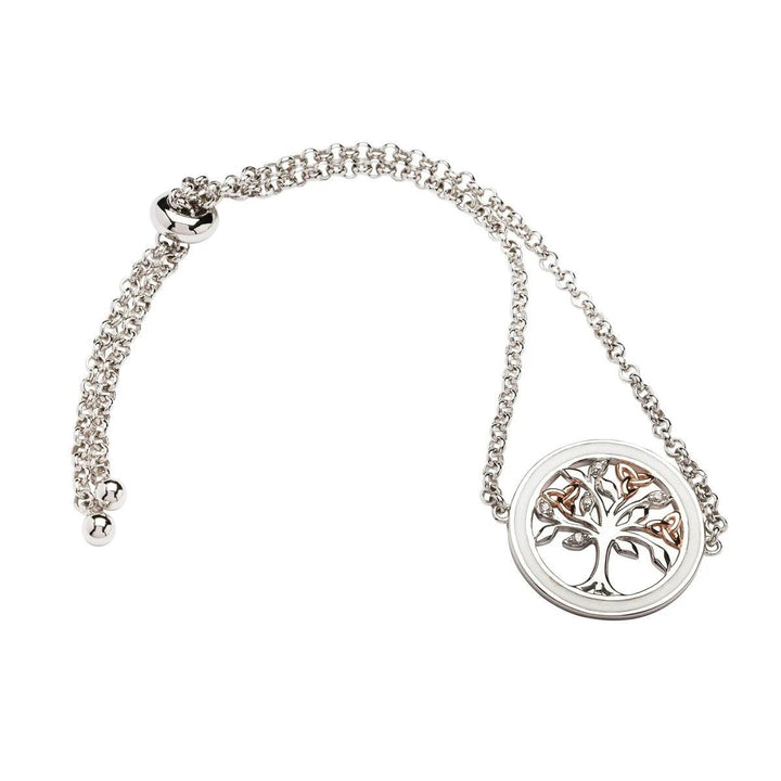 Sterling Silver Tree of Life Bracelet with Rose Gold Trinity Knots and White Enamel SB2338 - CladdaghRING.com