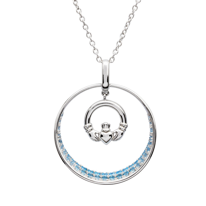 Sterling Silver Claddagh Pendant Embellished with Aqua Swarovski Crystals SP2280 - Claddagh Ring