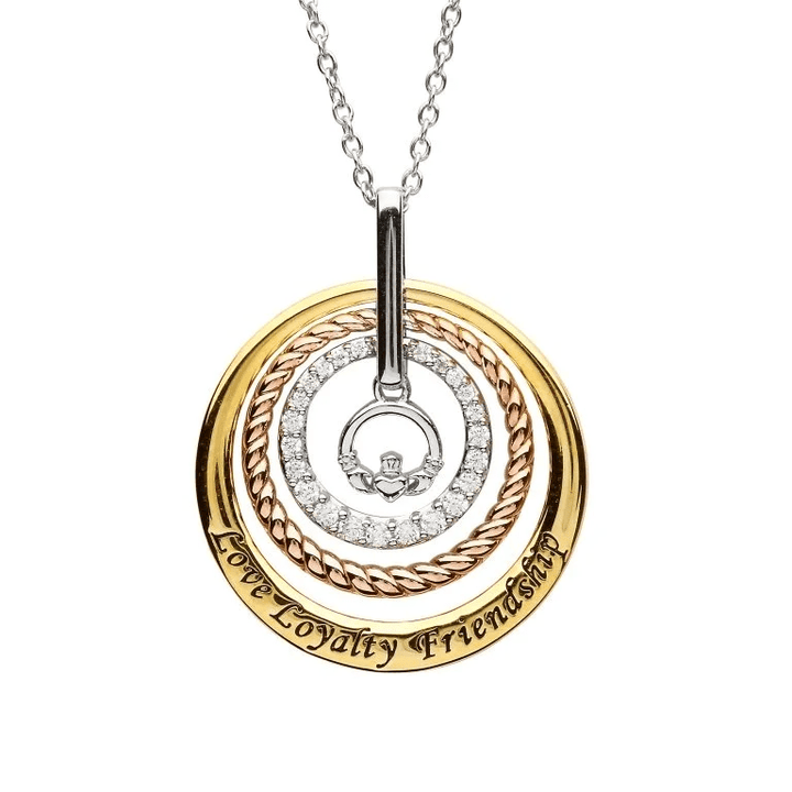 Sterling Silver Triple Circle Claddagh Pendant Embellished with White Crystals SW158 - CladdaghRING.com