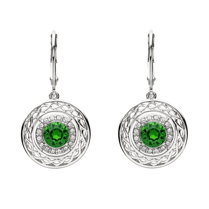 Sterling Silver Celtic Halo Earrings with Emerald Green Crystal - SW166 - Claddagh Ring