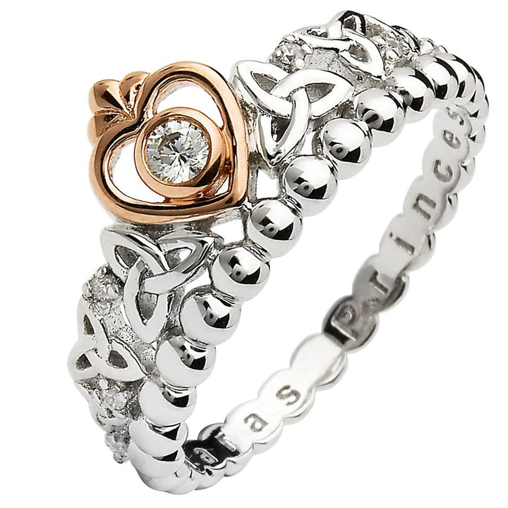 Tara's Diary Sterling Silver Trinity Princess CZ Ring with Rose Gold Heart - TD248 - Claddagh Ring