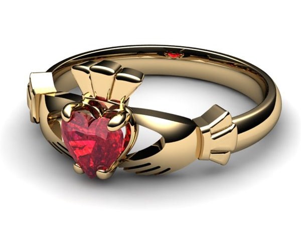 10k Yellow Gold Open Heart Claddagh Ring With Genuine Ruby - Promise Or Friendship Ring (Size 7.5)