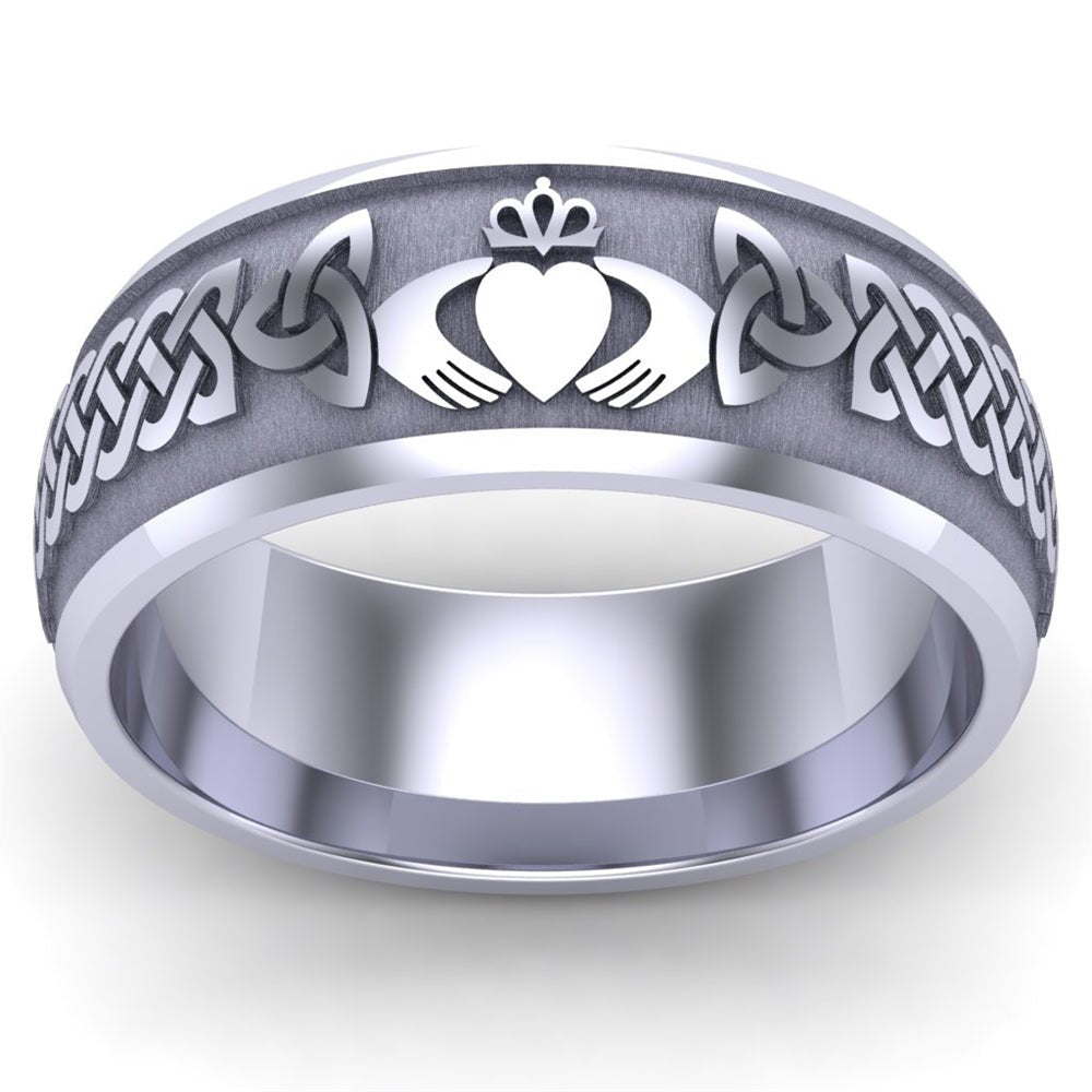 Claddagh Wedding Ring 14K White Gold, Comfort Fit, 8mm wide