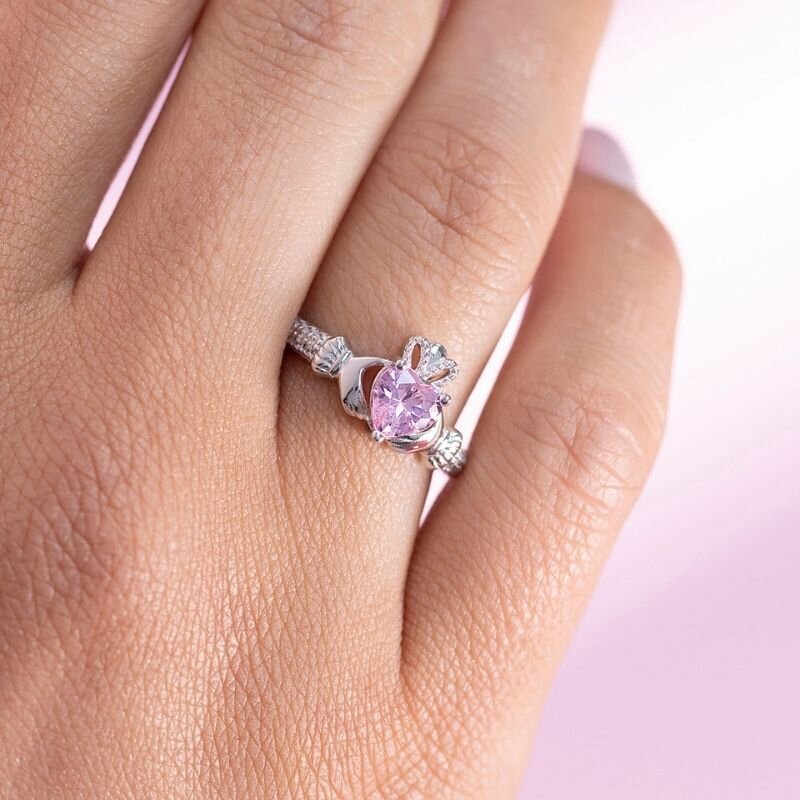 Solvar Rhodium Plated Sterling Silver CZ Claddagh Ring Oct