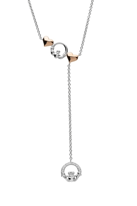 Sterling Silver Claddagh Necklace with Rose Gold Hearts SW162